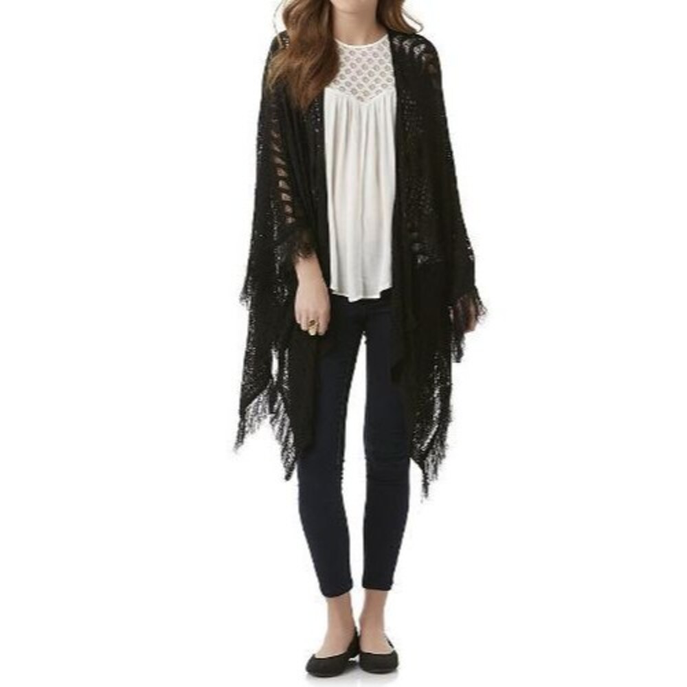 Bongo Pointelle Women Cardigan Poncho Black Sweater With Fringe Trim Size M